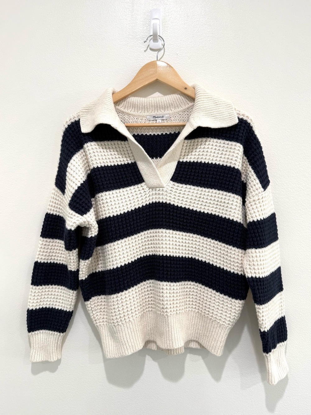 Madewell Cream Navy Striped Waffle Knit V-Neck Cotton Wool Henley Sweater Small